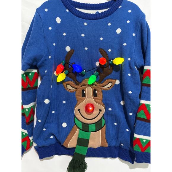 Ugly Christmas Sweater Rudolph Red Nose Reindeer Christmas lights up! Sz L Funny - Picture 1 of 8